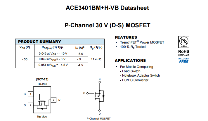 ACE3401BM+H-VB一种P—Channel沟道SOT23封装MOS管