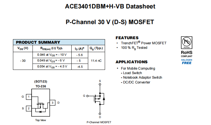 ACE3401DBM+H-VB一种P—Channel沟道SOT23封装MOS管