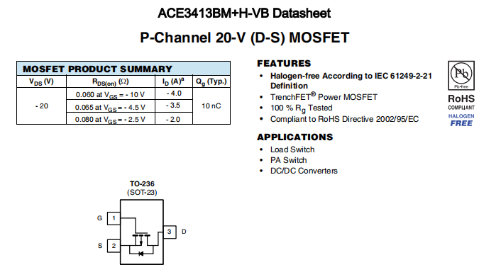 ACE3413BM+H-VB一种P—Channel沟道SOT23封装MOS管