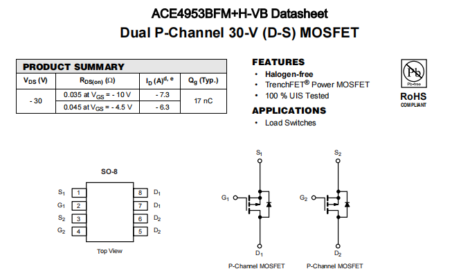 ACE4953BFM+H-VB一种2个P—Channel沟道SOP8封装MOS管