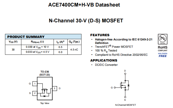 ACE7400CM+H-VB一种N—Channel沟道SOT23封装MOS管