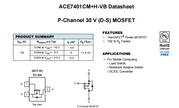 ACE7401CM+H-VB一种P—Channel沟道SOT23封装MOS管