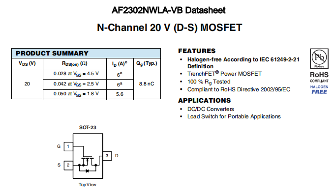 AF2302NWLA-VB一种N—Channel沟道SOT23封装MOS管