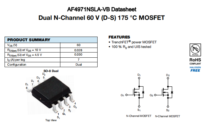 AF4971NSLA-VB一种2个N—Channel沟道SOP8封装MOS管