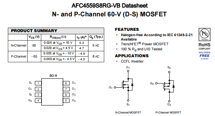 AFC4559S8RG-VB一种N+P—Channel沟道SOP8封装MOS管