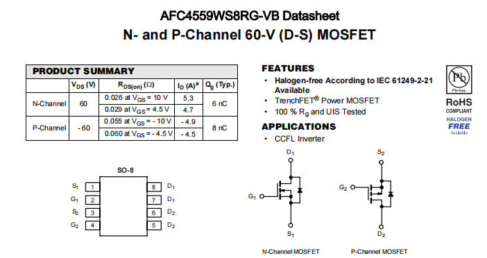 AFC4559WS8RG-VB一种N+P—Channel沟道SOP8封装MOS管