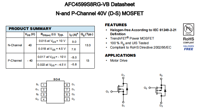 AFC4599S8RG-VB一种N+P—Channel沟道SOP8封装MOS管