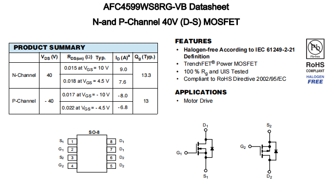 AFC4599WS8RG-VB一种N+P—Channel沟道SOP8封装MOS管