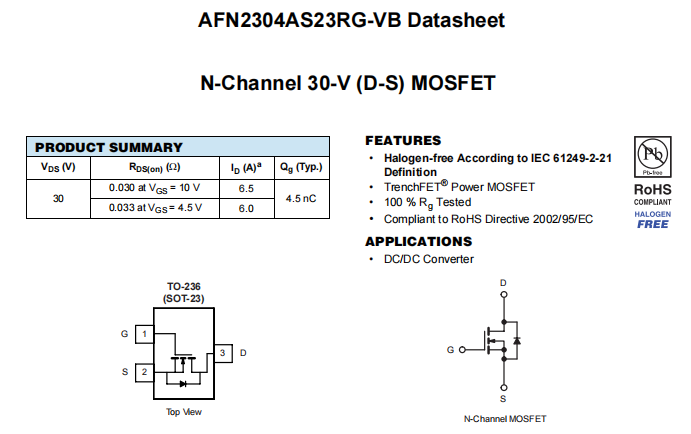 AFN2304AS23RG-VB一种N—Channel沟道SOT23封装MOS管