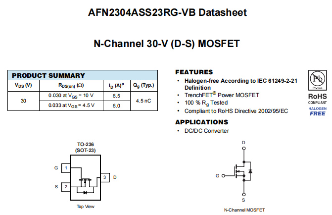 AFN2304ASS23RG-VB一种N—Channel沟道SOT23封装MOS管