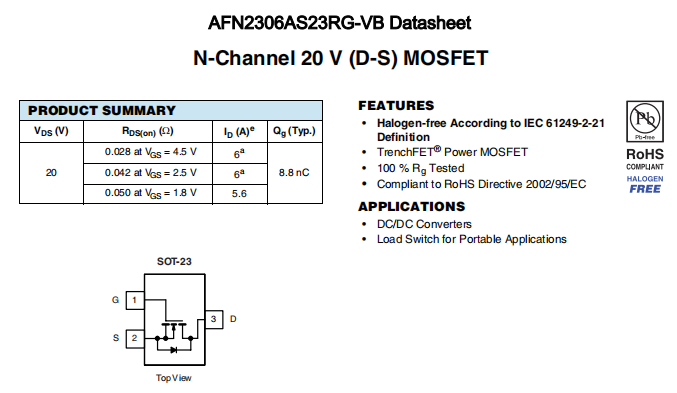 AFN2306AS23RG-VB一种N—Channel沟道SOT23封装MOS管