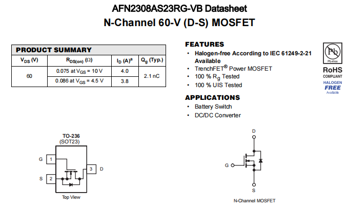 AFN2308AS23RG-VB一种N—Channel沟道SOT23封装MOS管