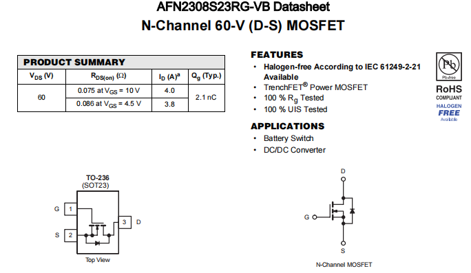 AFN2308S23RG-VB一种N—Channel沟道SOT23封装MOS管