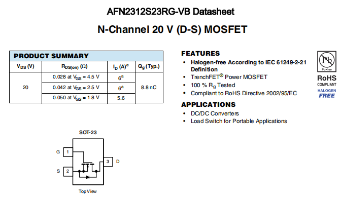 AFN2312S23RG-VB一种N—Channel沟道SOT23封装MOS管