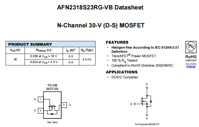 AFN2318S23RG-VB一种N—Channel沟道SOT23封装MOS管