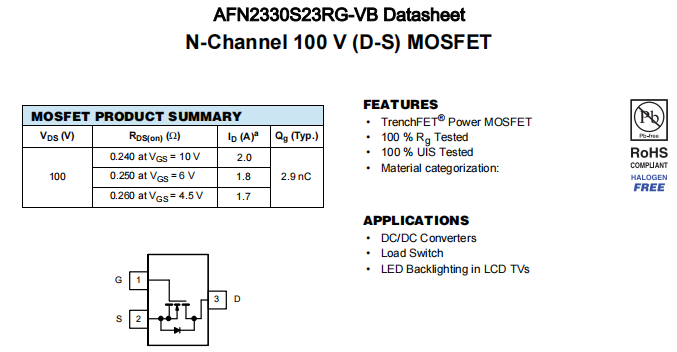 AFN2330S23RG-VB一种N—Channel沟道SOT23封装MOS管