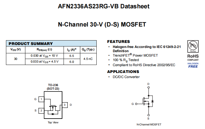 AFN2336AS23RG-VB一种N—Channel沟道SOT23封装MOS管