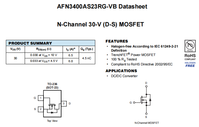 AFN3400AS23RG-VB一种N—Channel沟道SOT23封装MOS管