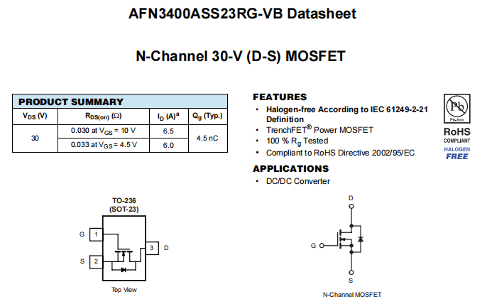 AFN3400ASS23RG-VB一种N—Channel沟道SOT23封装MOS管