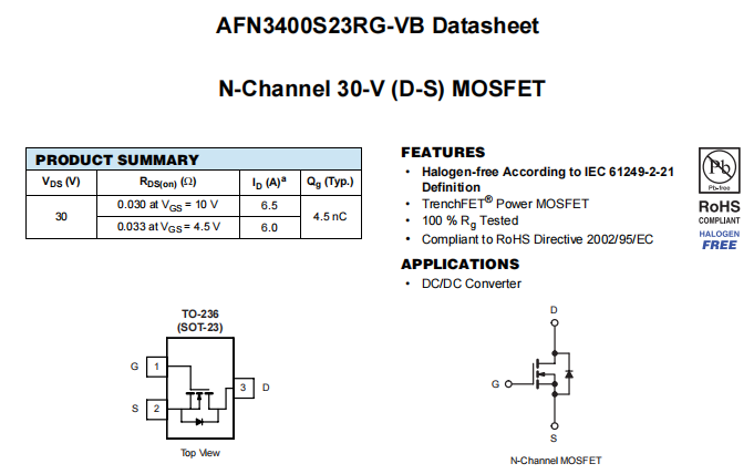 AFN3400S23RG-VB一种N—Channel沟道SOT23封装MOS管