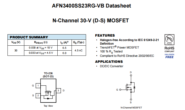 AFN3400SS23RG-VB一种N—Channel沟道SOT23封装MOS管