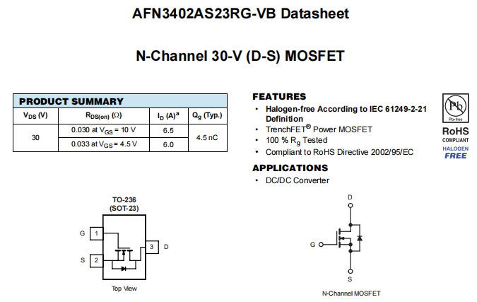 AFN3402AS23RG-VB一种N—Channel沟道SOT23封装MOS管