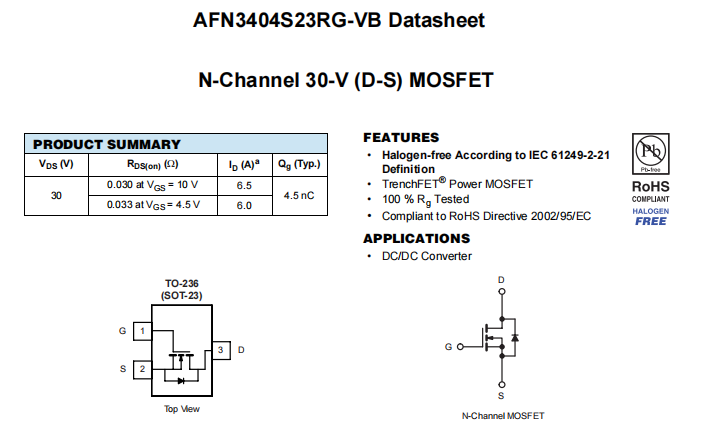 AFN3404S23RG-VB一种N—Channel沟道SOT23封装MOS管