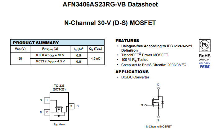 AFN3406AS23RG-VB一种N—Channel沟道SOT23封装MOS管