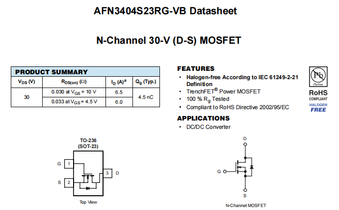 AFN3404S23RG-VB一种N—Channel沟道SOT23封装MOS管