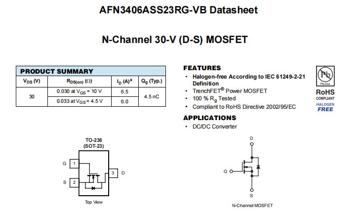 AFN3406ASS23RG-VB一种N—Channel沟道SOT23封装MOS管