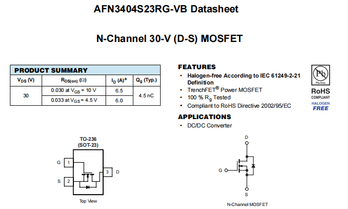 AFN3404S23RG-VB一种N—Channel沟道SOT23封装MOS管