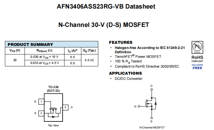 AFN3406ASS23RG-VB一种N—Channel沟道SOT23封装MOS管