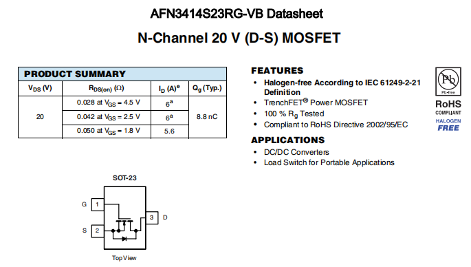 AFN3414S23RG-VB一种N—Channel沟道SOT23封装MOS管