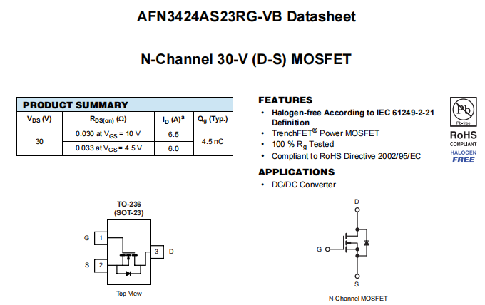 AFN3424AS23RG-VB一种N—Channel沟道SOT23封装MOS管