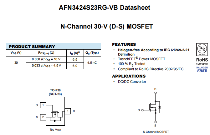 AFN3424S23RG-VB一种N—Channel沟道SOT23封装MOS管