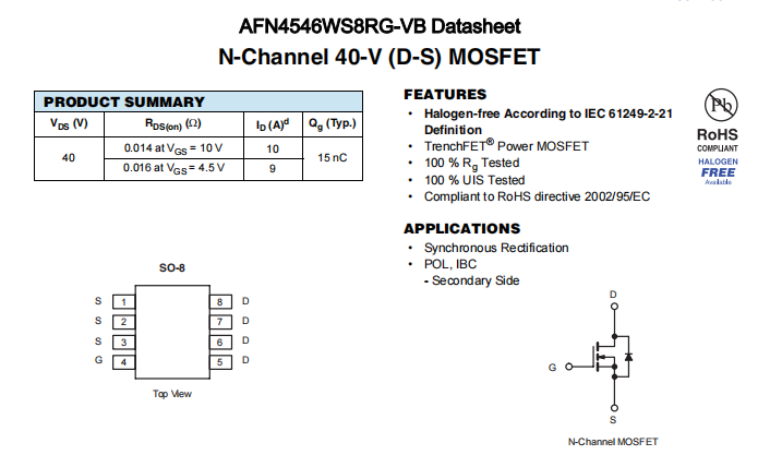 AFN4546WS8RG-VB一种N—Channel沟道SOP8封装MOS管
