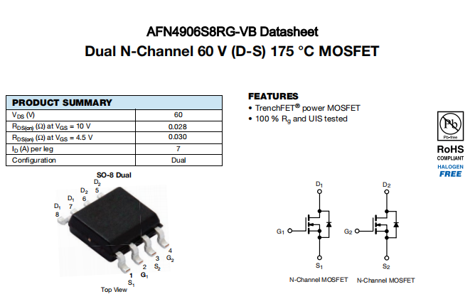 AFN4906S8RG-VB一种2个N—Channel沟道SOP8封装MOS管