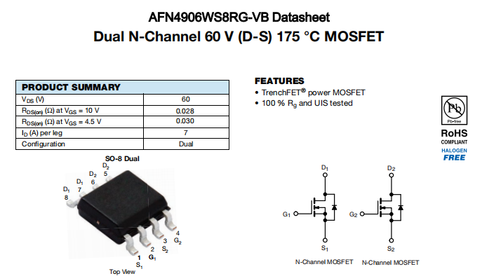 AFN4906WS8RG-VB一种2个N—Channel沟道SOP8封装MOS管