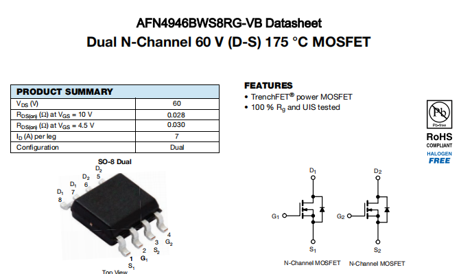 AFN4946BWS8RG-VB一种2个N—Channel沟道SOP8封装MOS管