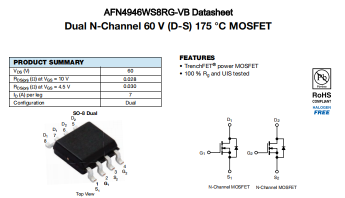 AFN4946WS8RG-VB一种2个N—Channel沟道SOP8封装MOS管