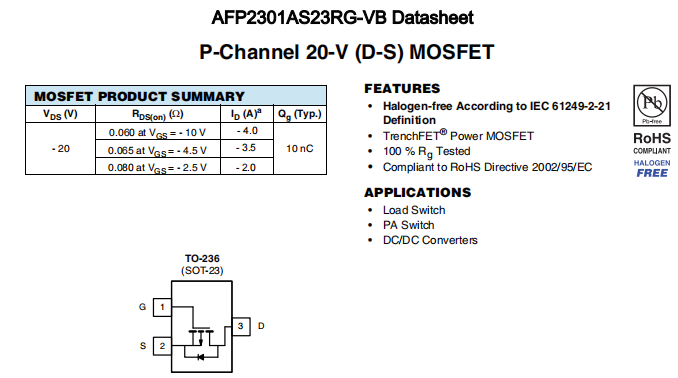 AFP2301AS23RG-VB一种P—Channel沟道SOT23封装MOS管