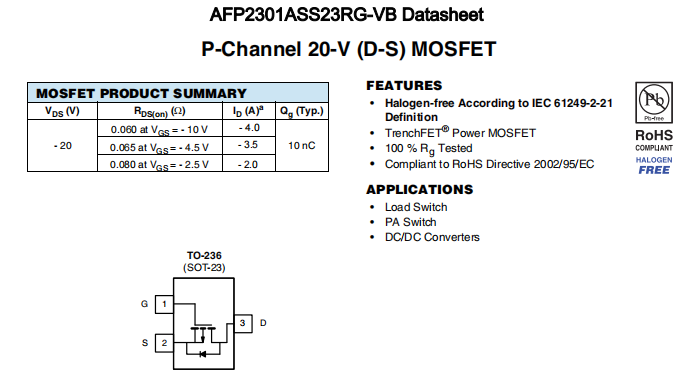 AFP2301ASS23RG-VB一种P—Channel沟道SOT23封装MOS管