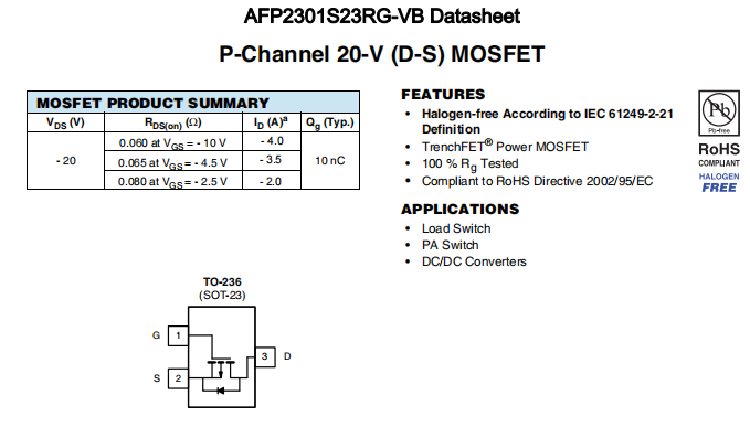 AFP2301S23RG-VB一种P—Channel沟道SOT23封装MOS管