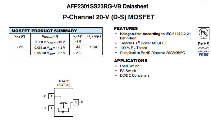 AFP2301SS23RG-VB一种P—Channel沟道SOT23封装MOS管