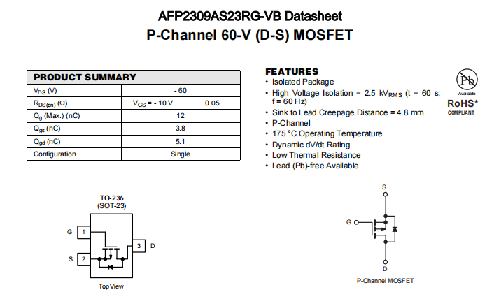 AFP2309AS23RG-VB一种P—Channel沟道SOT23封装MOS管