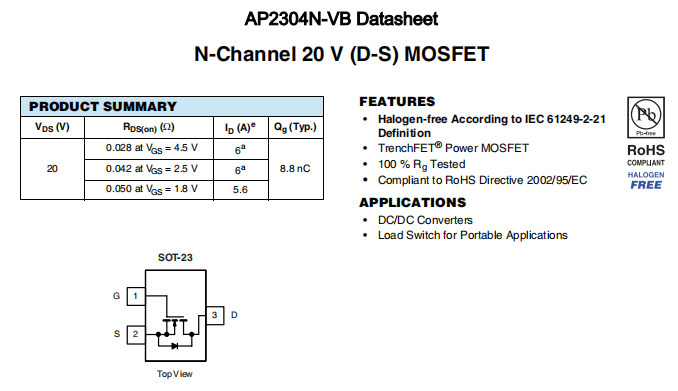 AP2304N-VB一种N—Channel沟道SOT23封装MOS管