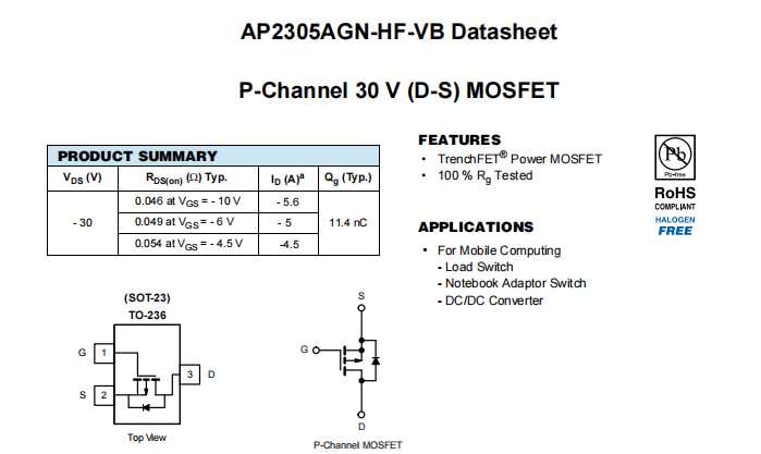 AP2305AGN-HF-VB一种P—Channel沟道SOT23封装MOS管