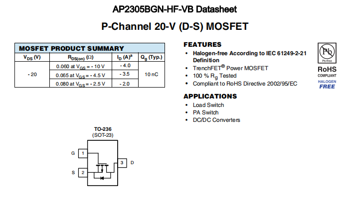 AP2305BGN-HF-VB一种P—Channel沟道SOT23封装MOS管