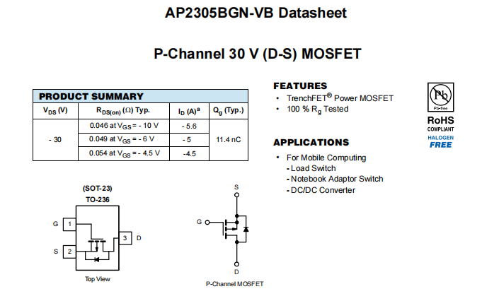 AP2305BGN-VB一种P—Channel沟道SOT23封装MOS管