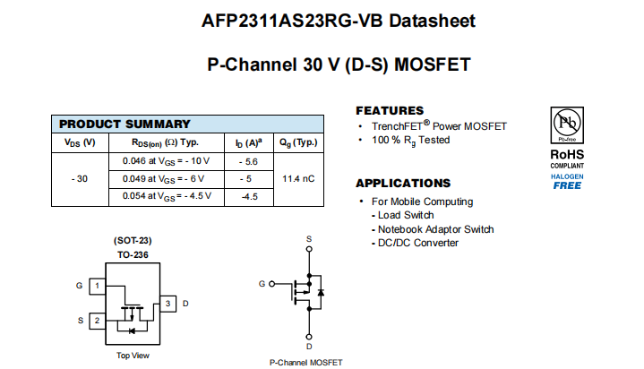 AFP2311AS23RG-VB一种P—Channel沟道SOT23封装MOS管